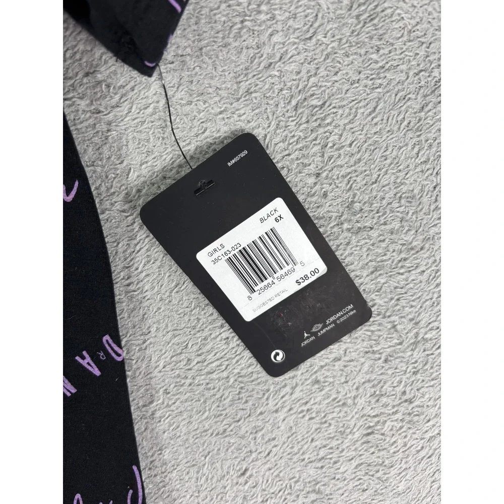Air Jordan Essentials T Shirt Dress Youth 6X Black Purple Logo AOP Standard Fit